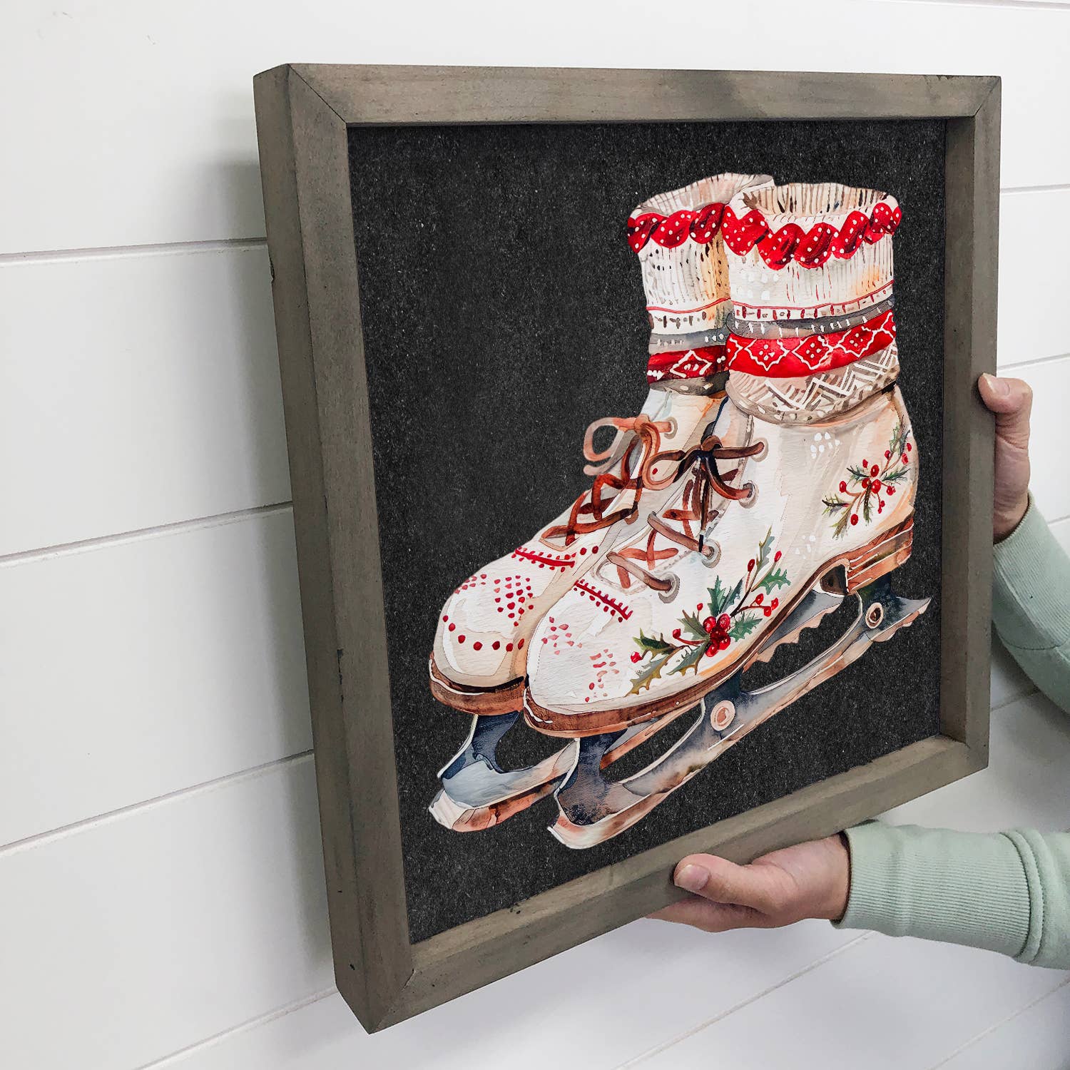 Scandi Watercolor Ice Skates - Winter Canvas Art - Framed