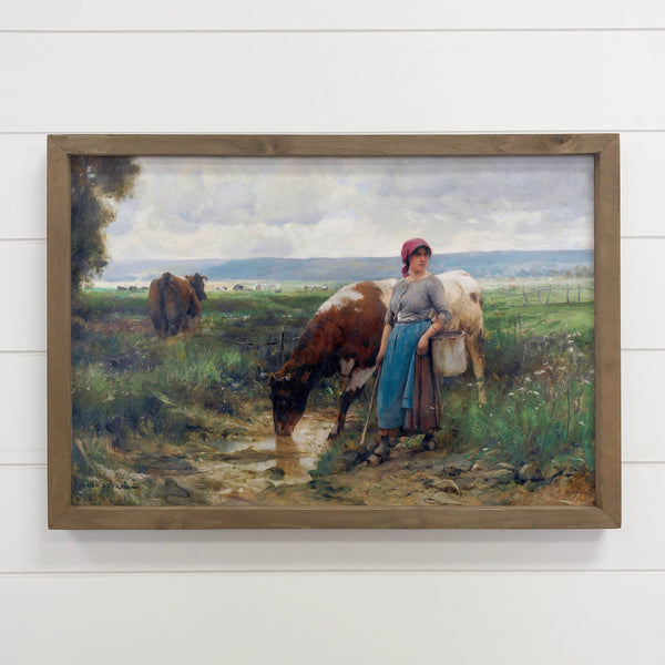 Country Milk Maid - Cow Canvas Wall Art - Wood Framed Decor