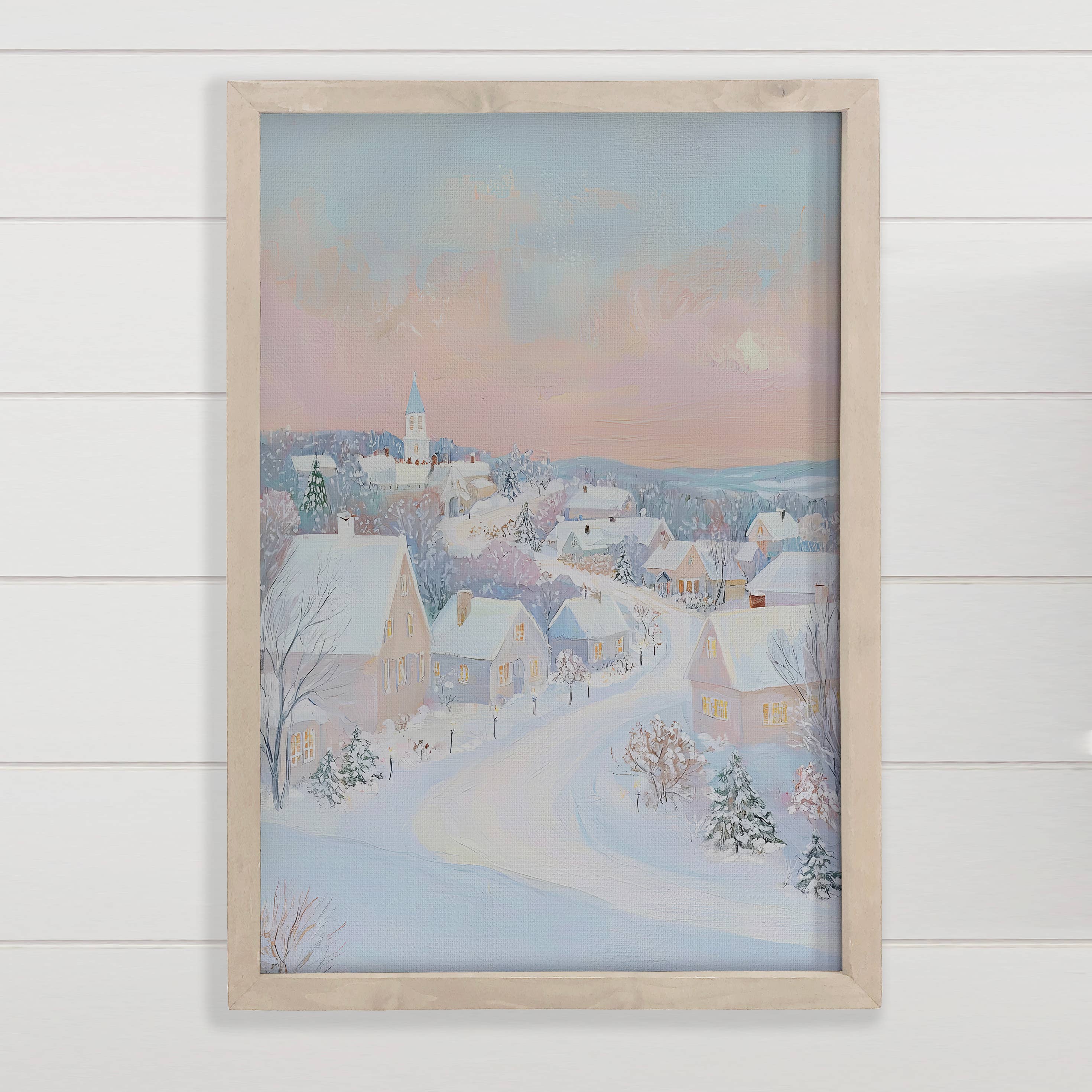 Pastel Winter Village - Winter Canvas Art - Wood Framed Art