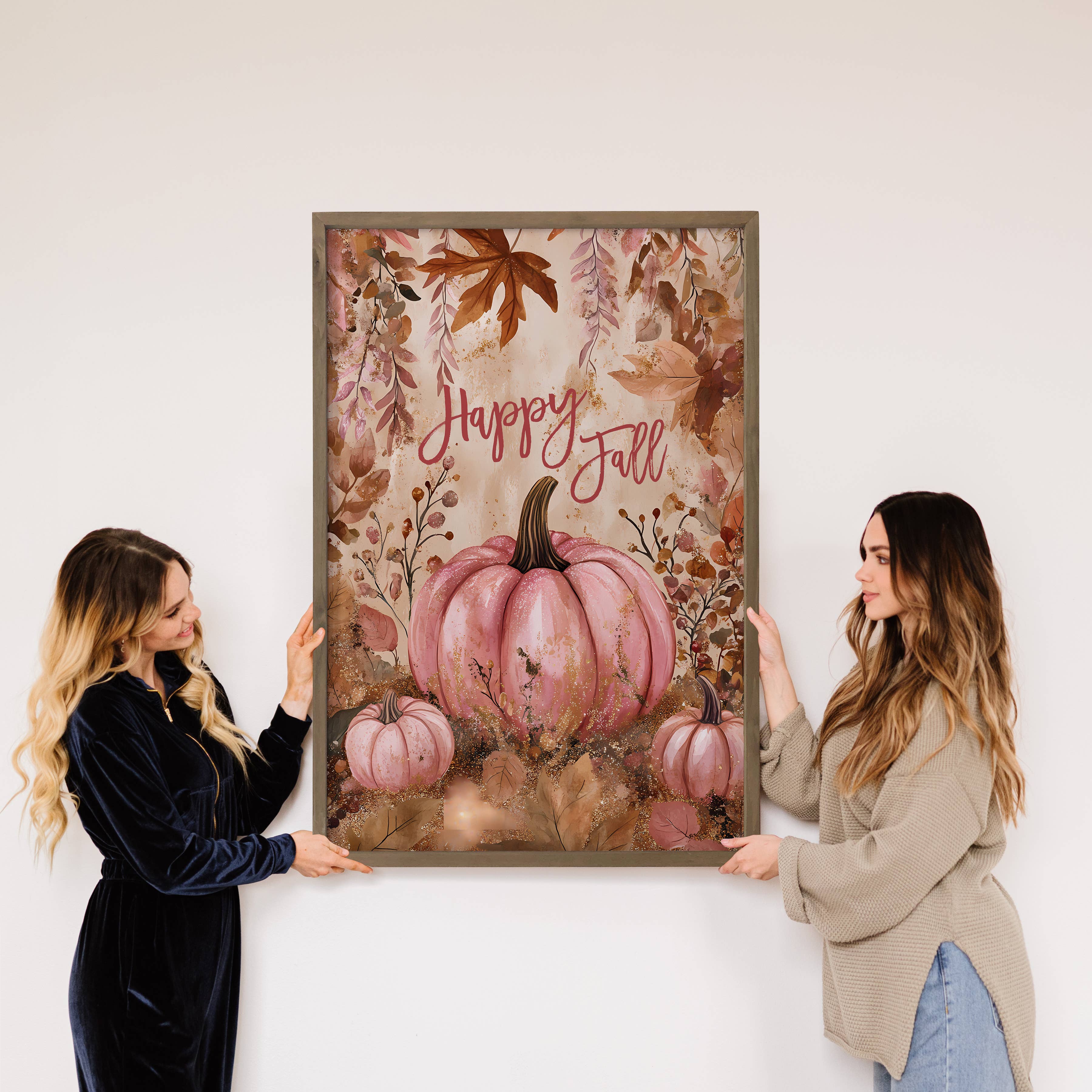 Happy Fall Pink Pumpkin - Fall Canvas Art - Wood Framed Art