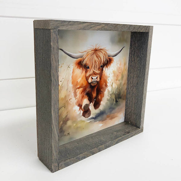 Running Baby Highland Cow - Baby Animal Farmhouse Canvas Art