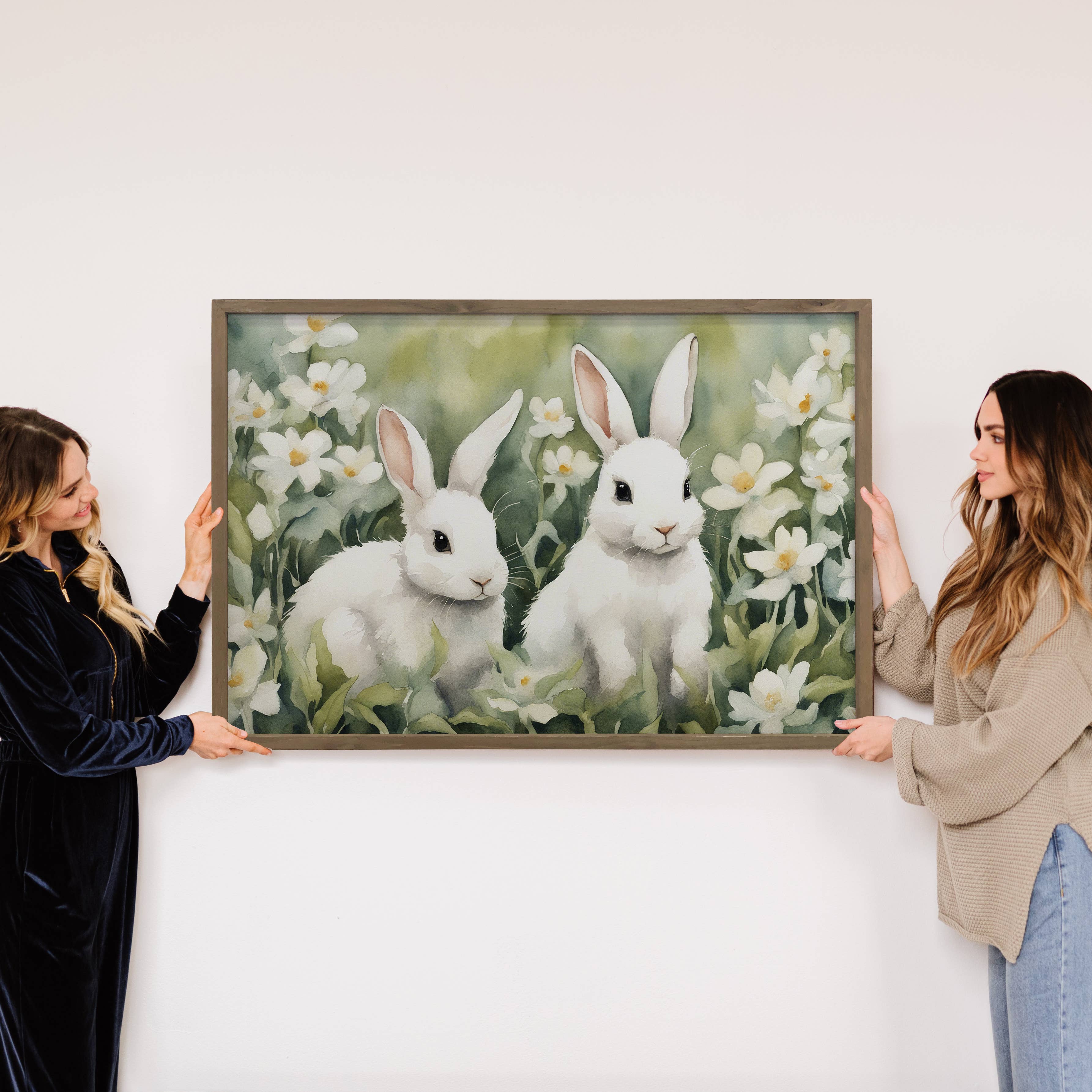 White Bunnies with White Flowers - Sweet Bunny Canvas Art