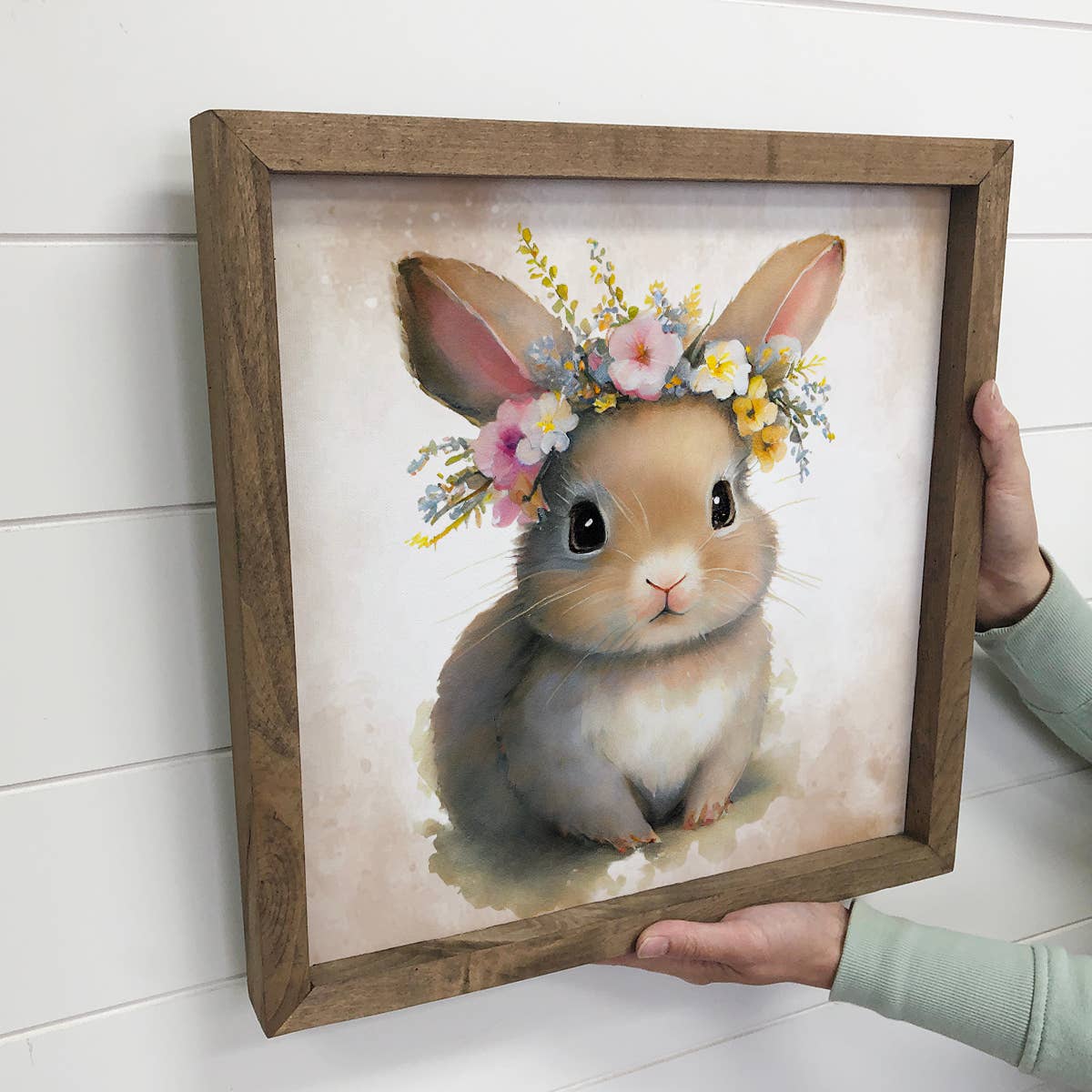 Cute Flower Rabbit - Nursery Wall Art with Rustic Wood Frame