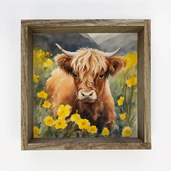 Highland Cow Daffodils - Highland Cow Canvas Art -  Framed