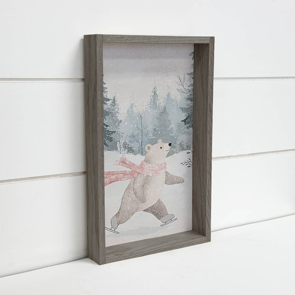 Ice Skating Bear - Cute Winter Animal Canvas Art - Framed