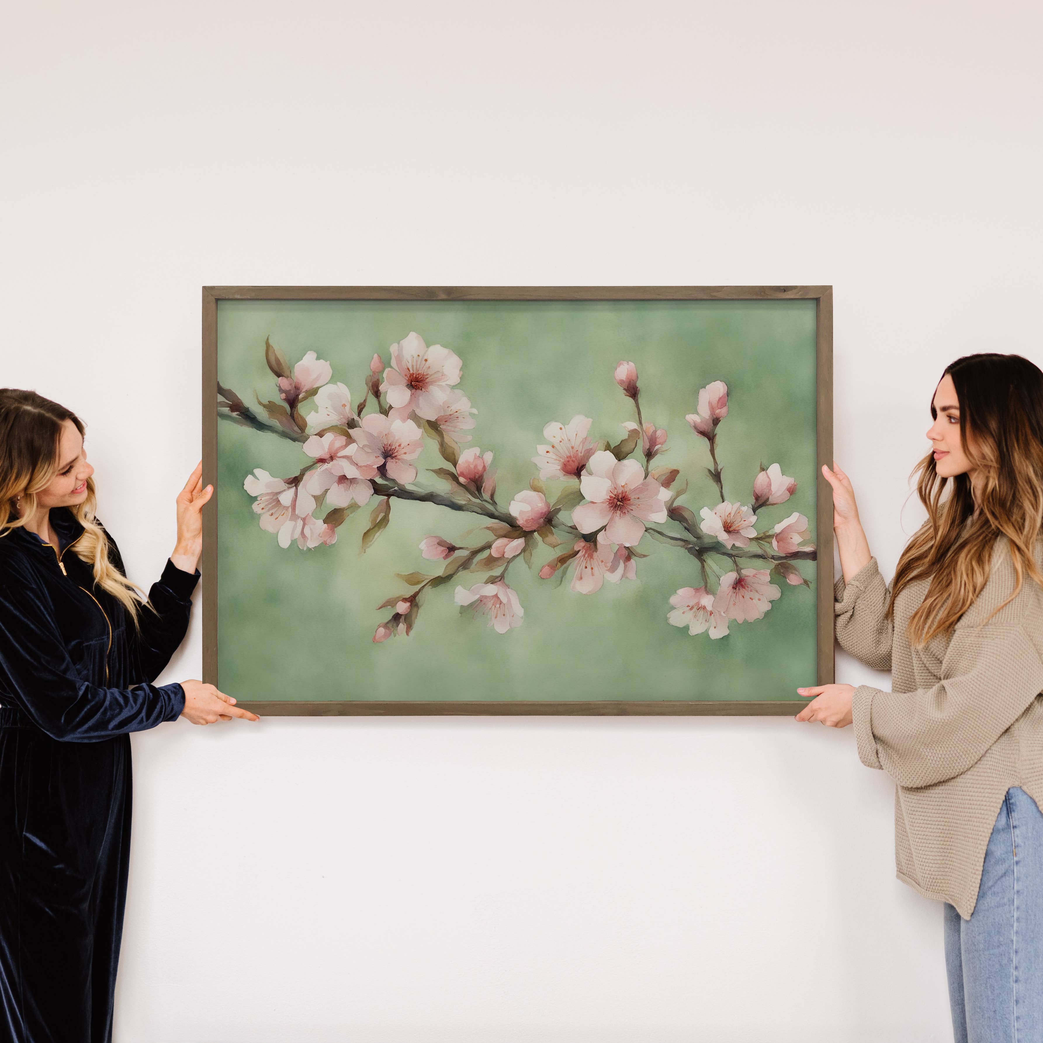 Cherry Blossoms Pink and Green - Floral Canvas Art - Framed