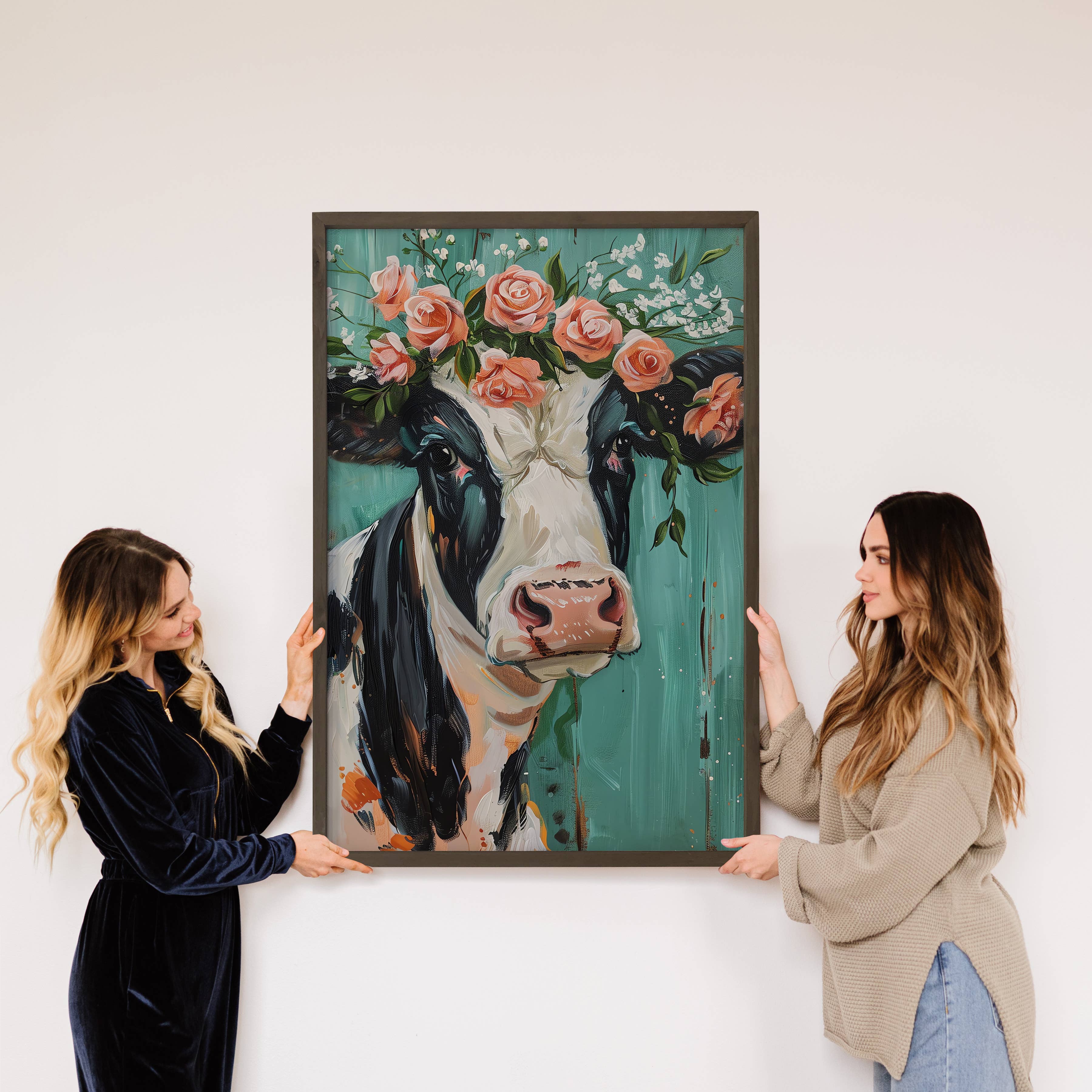 Cow with Pink Flowers Turquoise Background - Cow Canvas Art