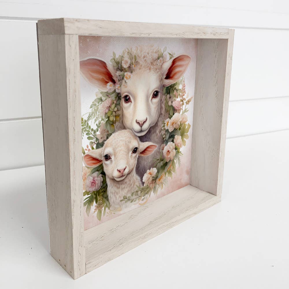 Mother Baby Sheep Watercolor - Sheep Canvas Art - Wood Frame