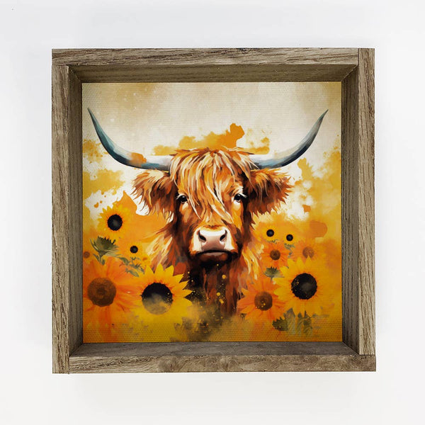 Highland Cow Sunflowers - Wood Framed Farmhouse Canvas Art