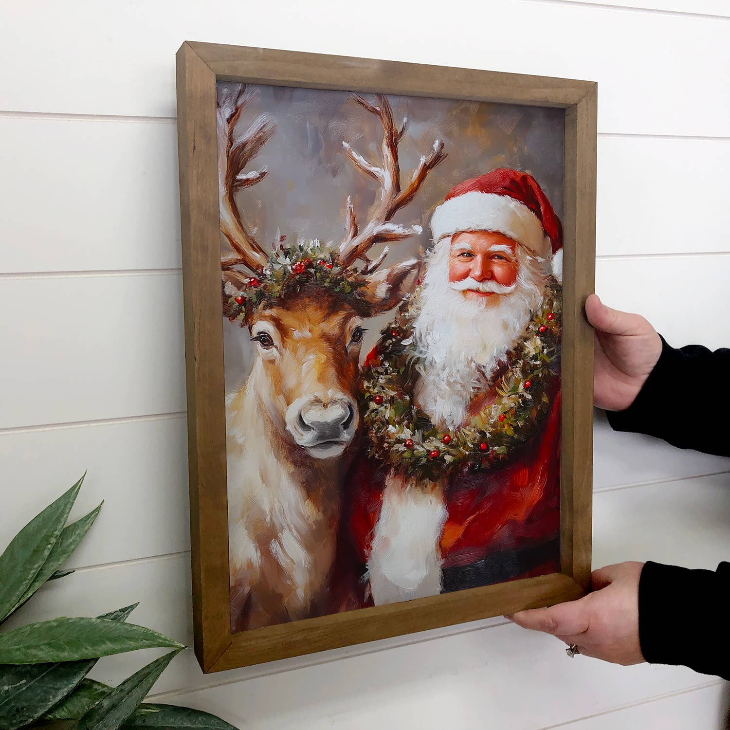 Santa Reindeer Portrait - Christmas Canvas Wall Art - Framed