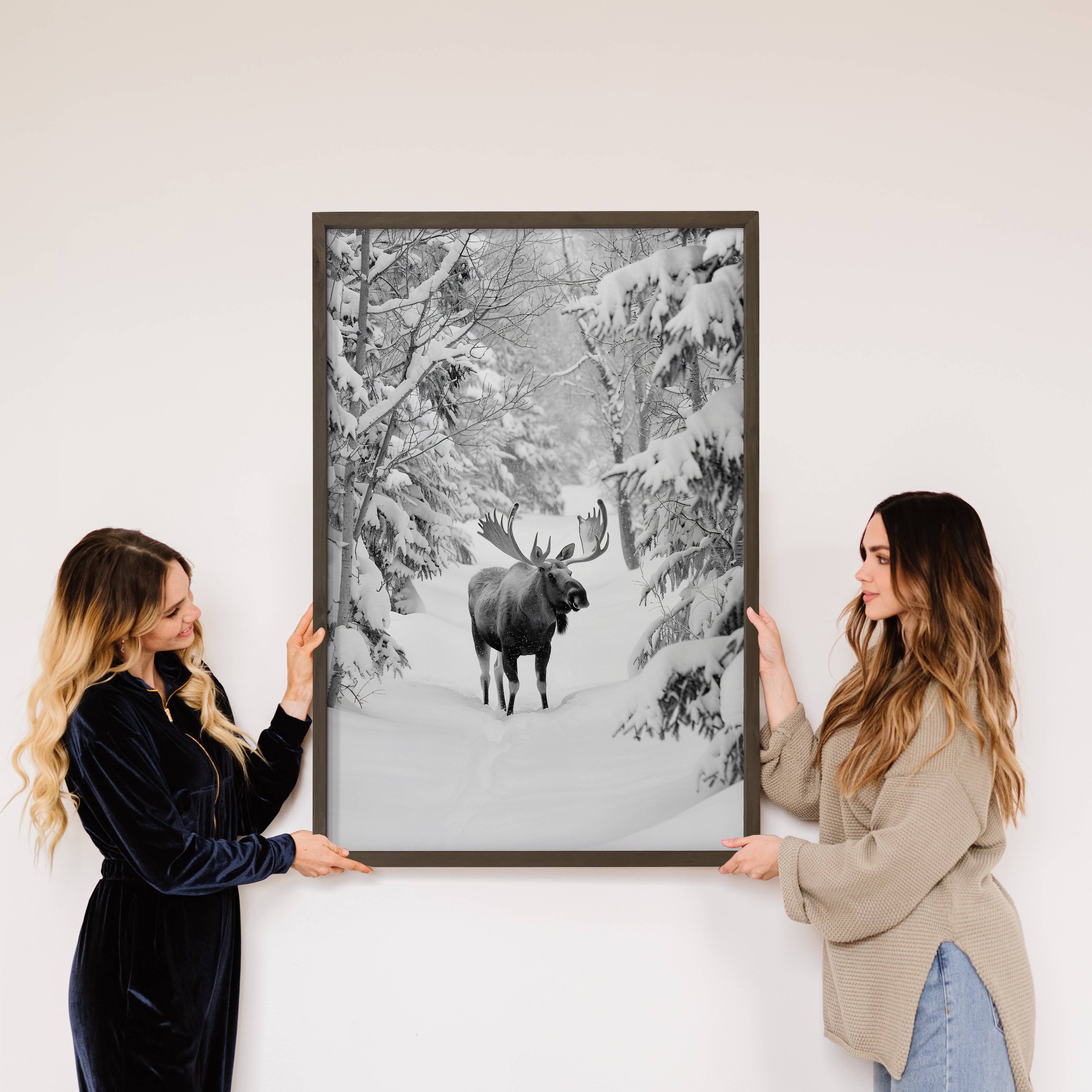 Moose in the Snow - Winter Animal Canvas Art - Wood Framed