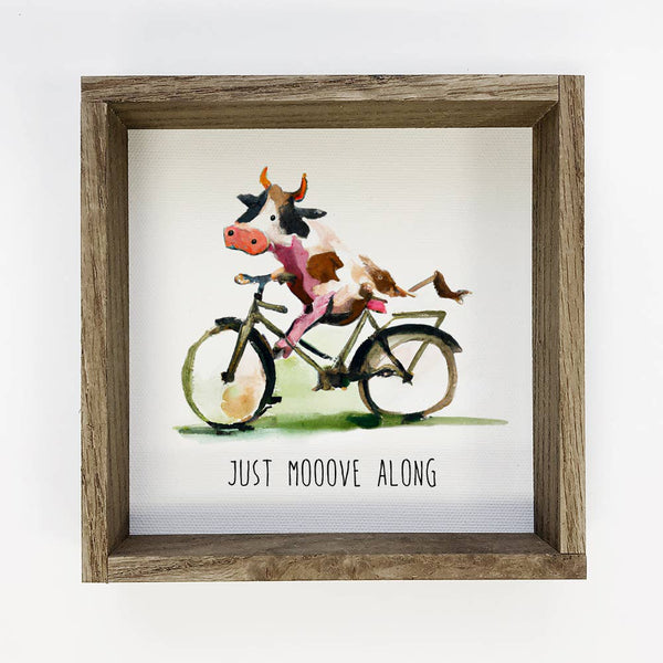Cow on a Bike - Funny Cow Canvas Art with Aged Wood Frame