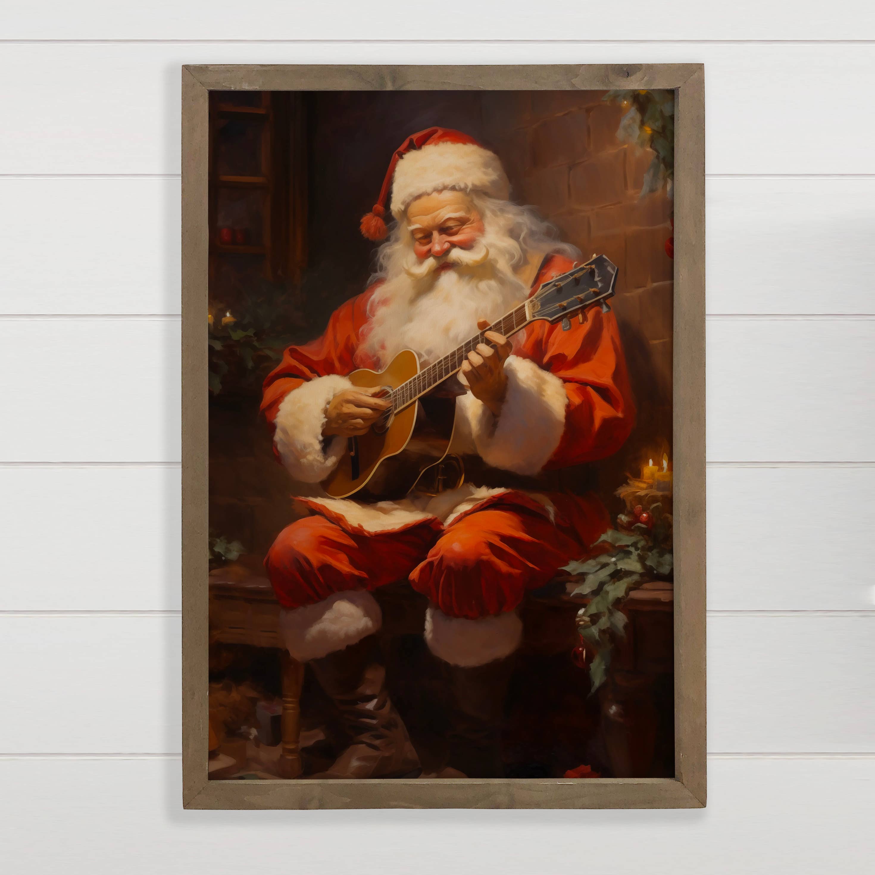 Santa Playing Guitar Painting - Christmas Canvas Art - Frame