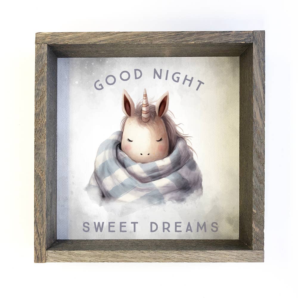 Good Night Unicorn in Blanket - Cute Animal Nursery Wall Art