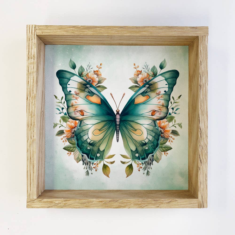 Butterfly Flowers Teal Green - Butterfly Canvas Art - Framed