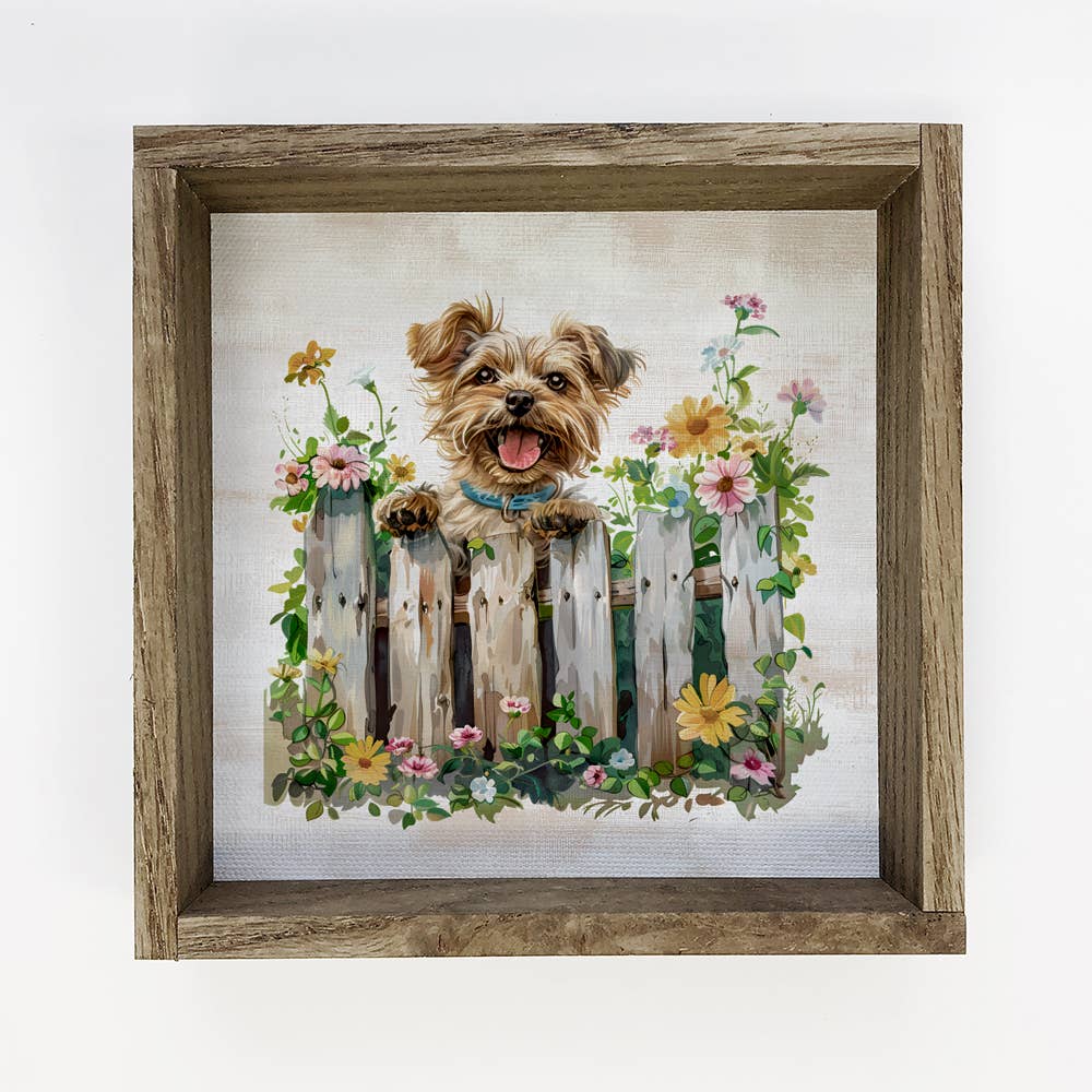 Puppy Dog Over Fence With Flowers - Puppy Canvas Art - Frame