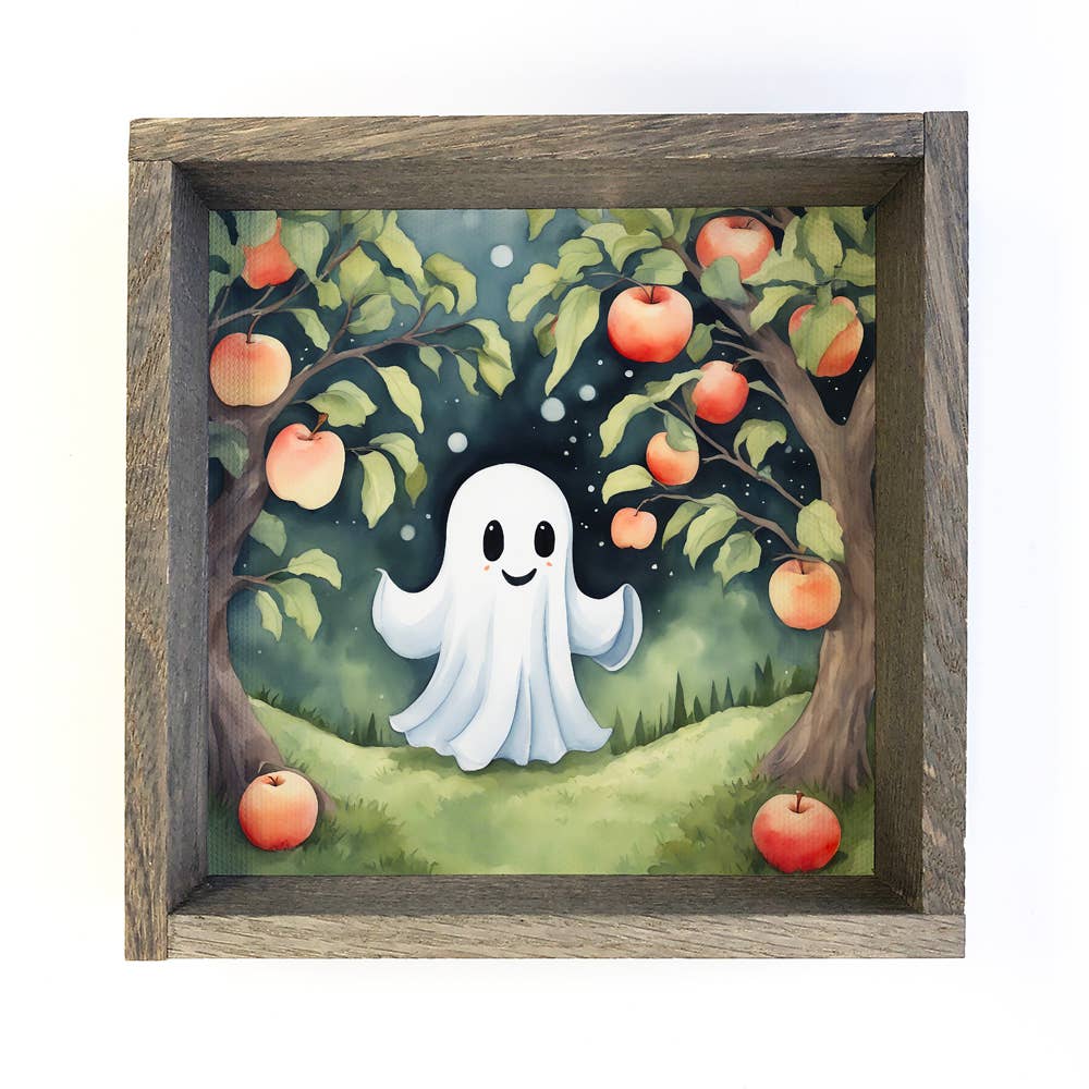 Cute Ghost in Apple Orchard - Halloween Canvas Art - Framed