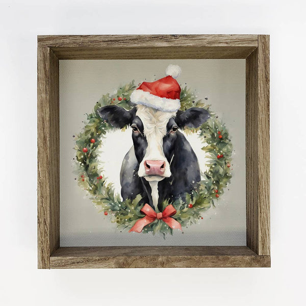 Black White Cow in Christmas Wreath - Cute Holiday Animals