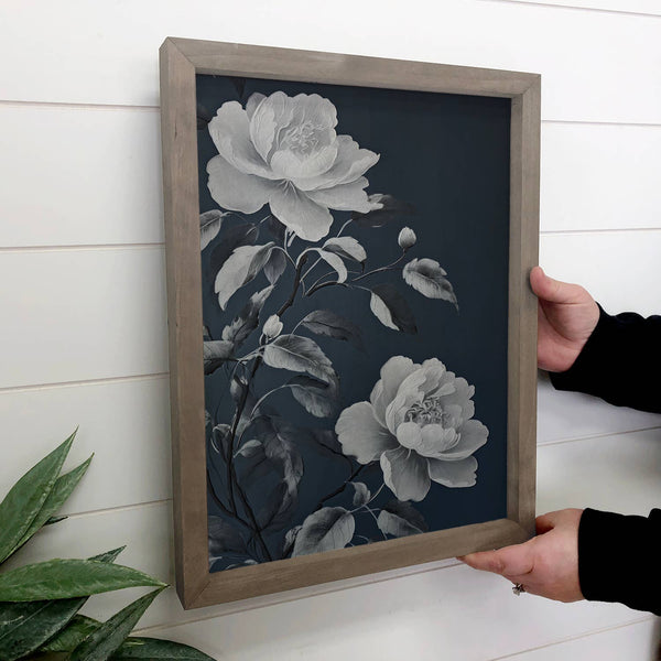 White Roses Dark Painting - Floral Canvas Art - Farmhouse