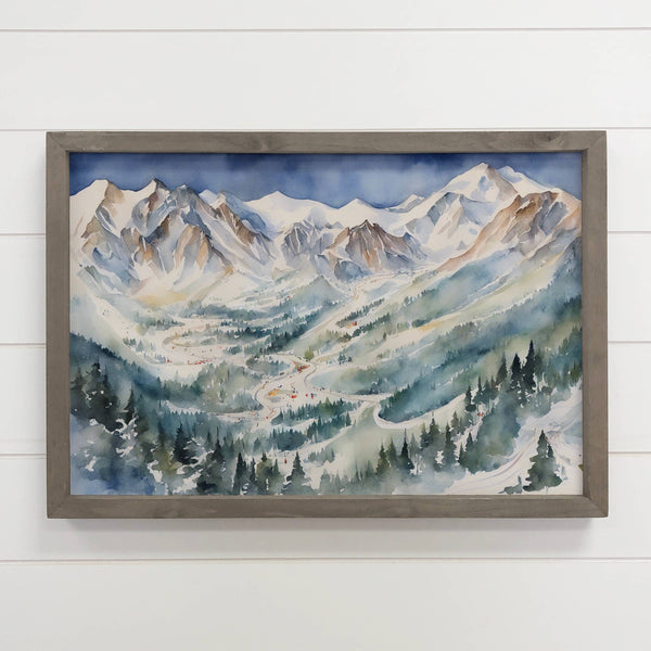 Ski Resort Watercolor - Winter Mountain Landscape Canvas Art