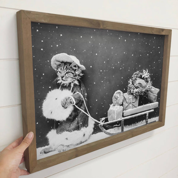 Christmas Cat Sleigh - Christmas Canvas Art with Wood Frame