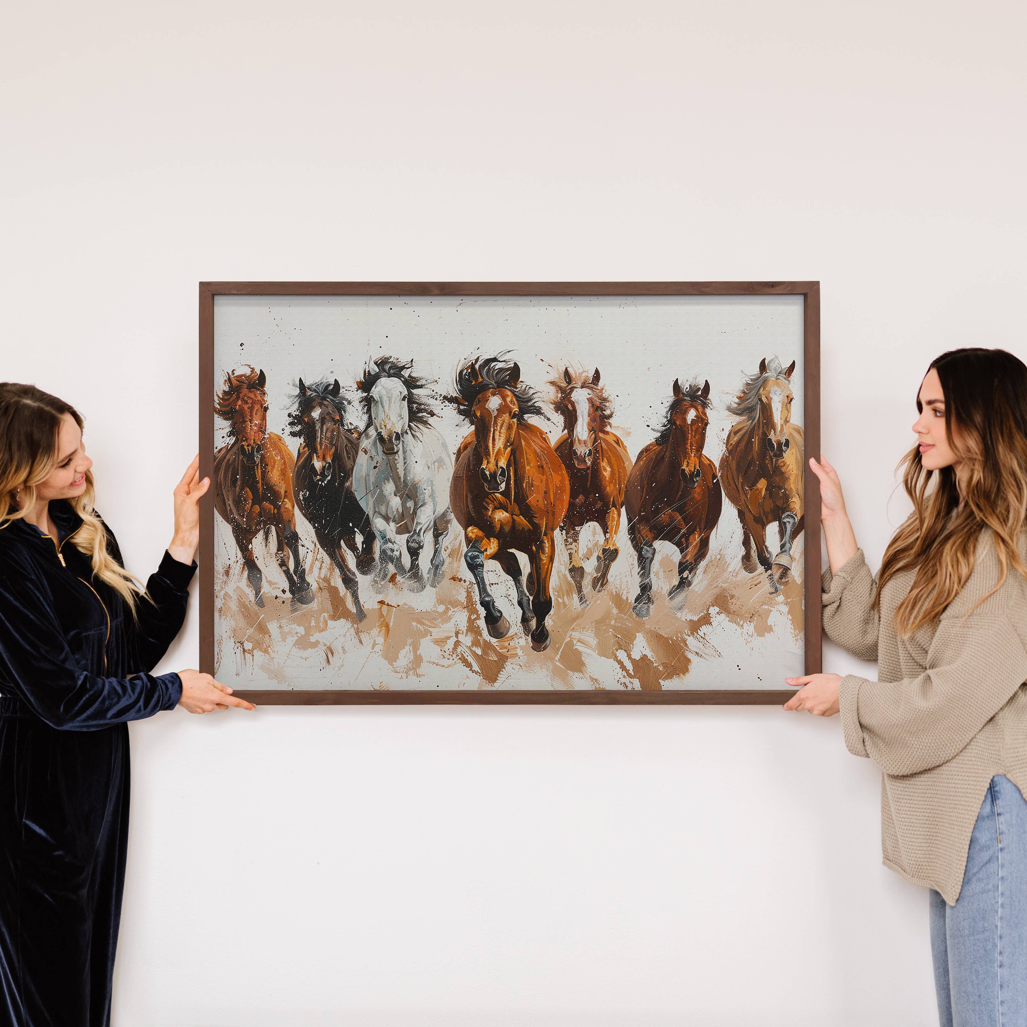 Herd of 7 Horses Charging - Horse Canvas Art - Wood Framed