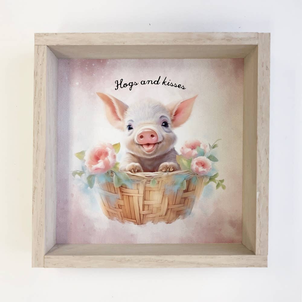 Hogs and Kisses Pig in a Basket - Spring Time Pig Canvas Art