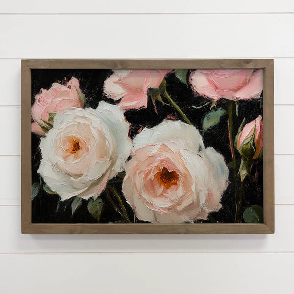 Soft Pink Roses on Black - Rose Flower Canvas Art - Framed