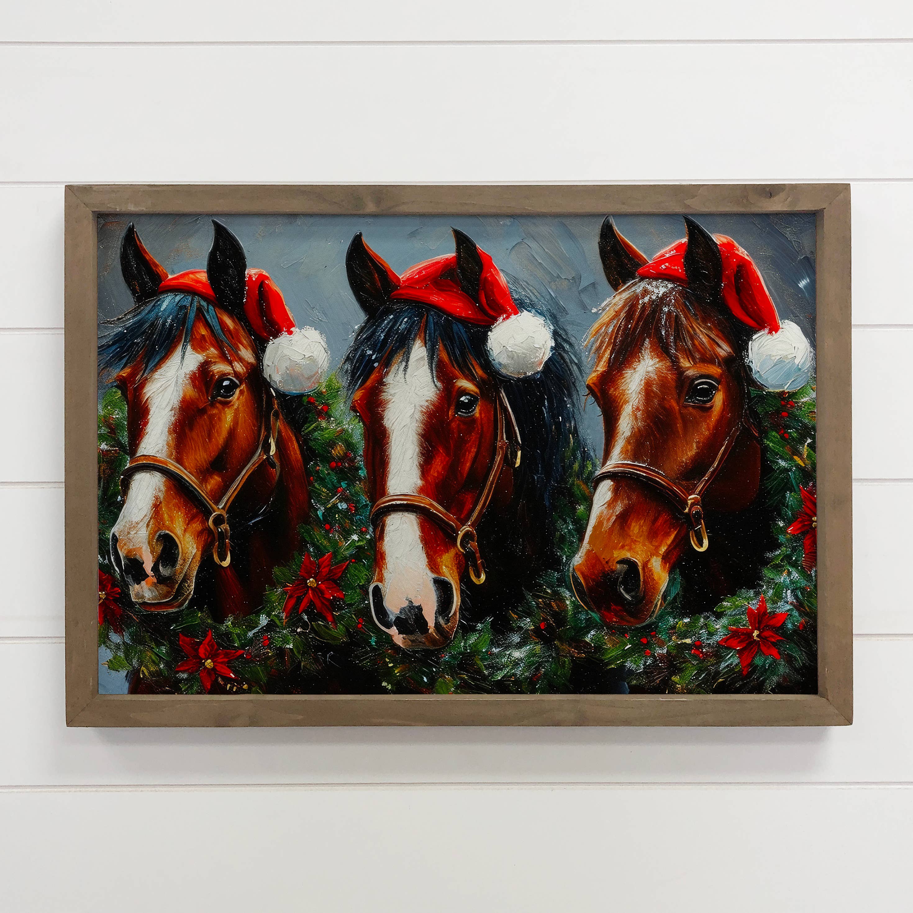 Three Christmas Horses - Christmas Canvas Art - Wood Framed