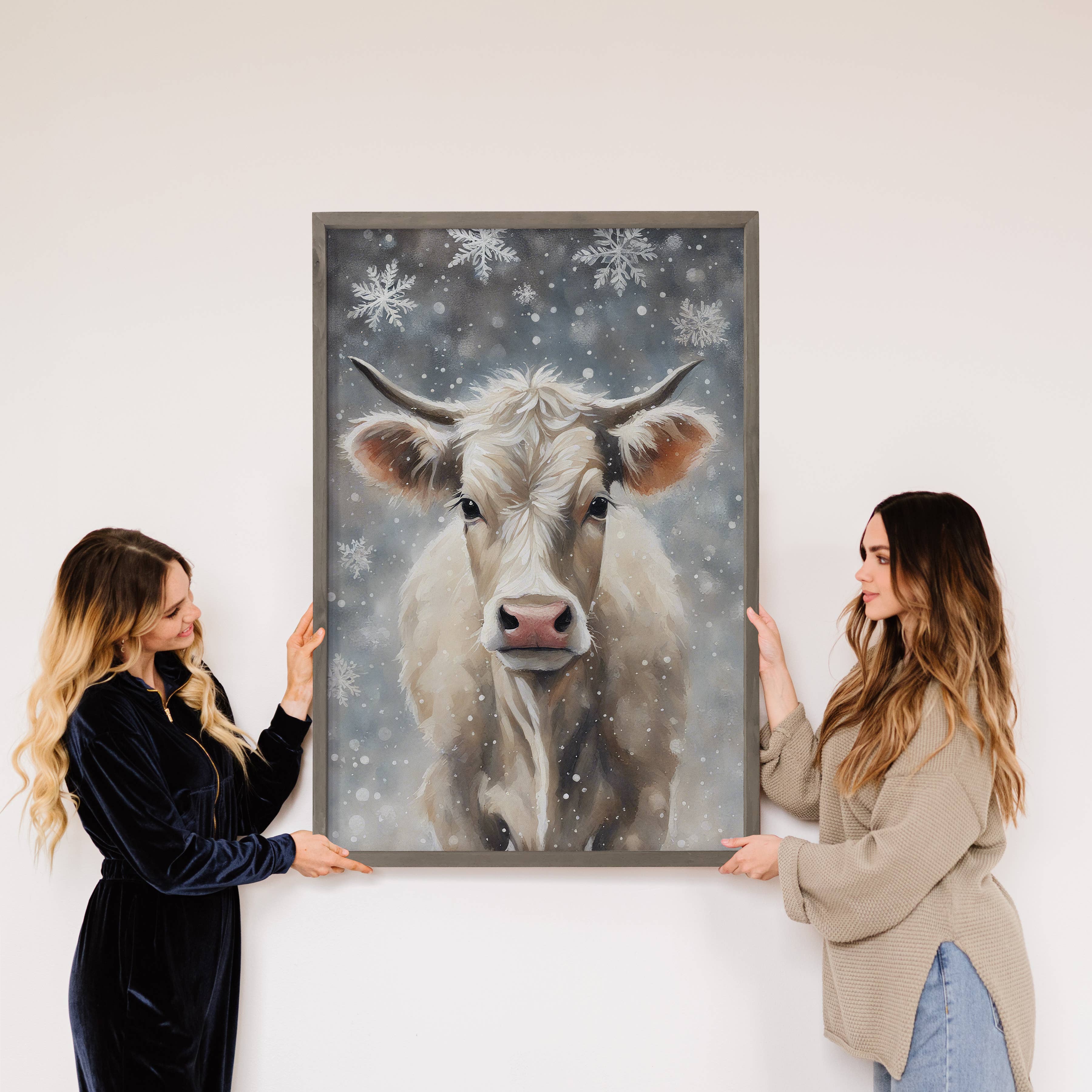 Snowflakes Baby White Cow - Winter Cow Canvas Art - Framed