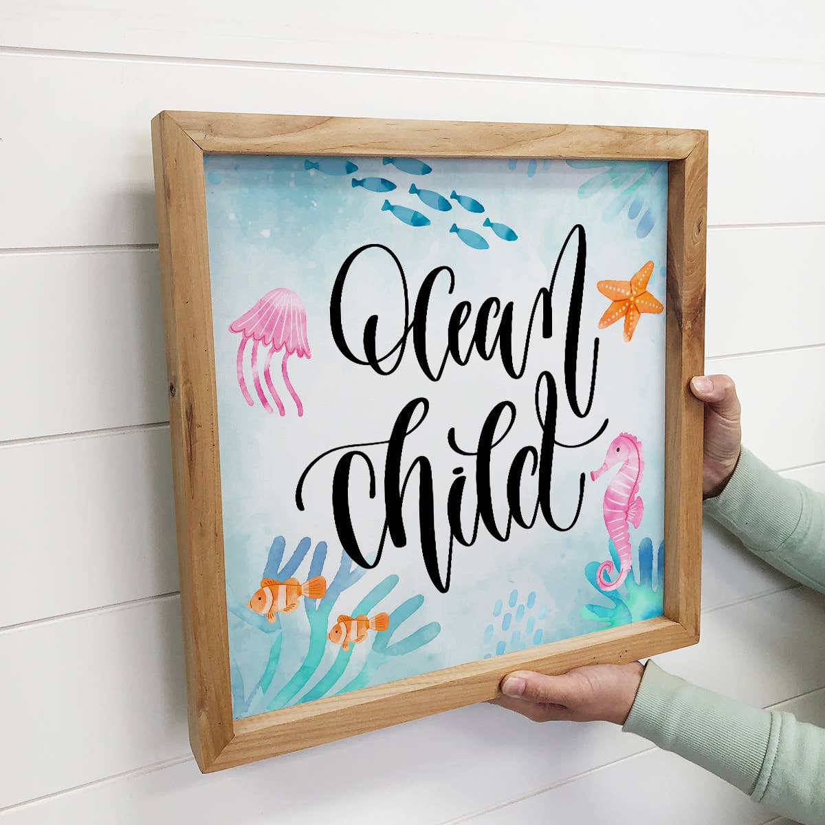 Small Watercolor Ocean Child Canvas with Nautral Frame