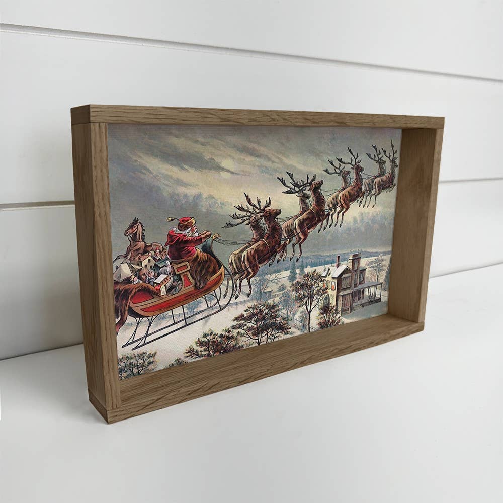 Vintage Santa in Flying Sleigh - Christmas Canvas Art