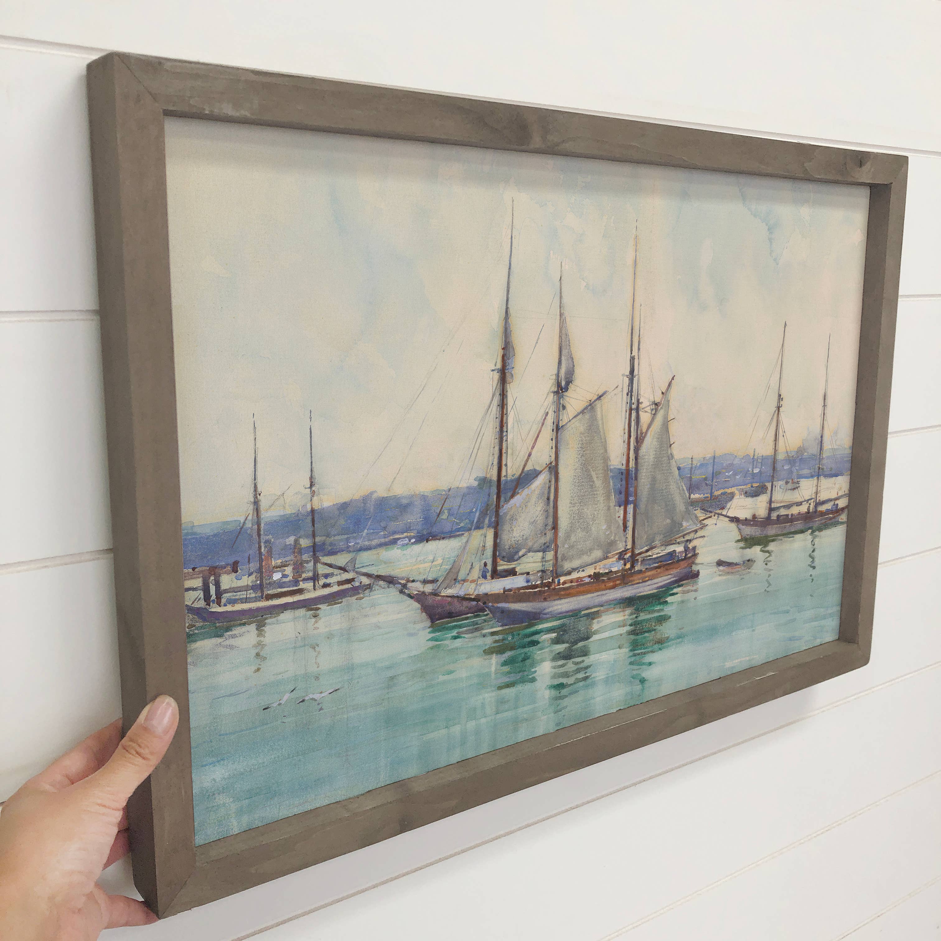 Calm Harbor Ships - Sailboat Canvas Art - Wood Framed Art