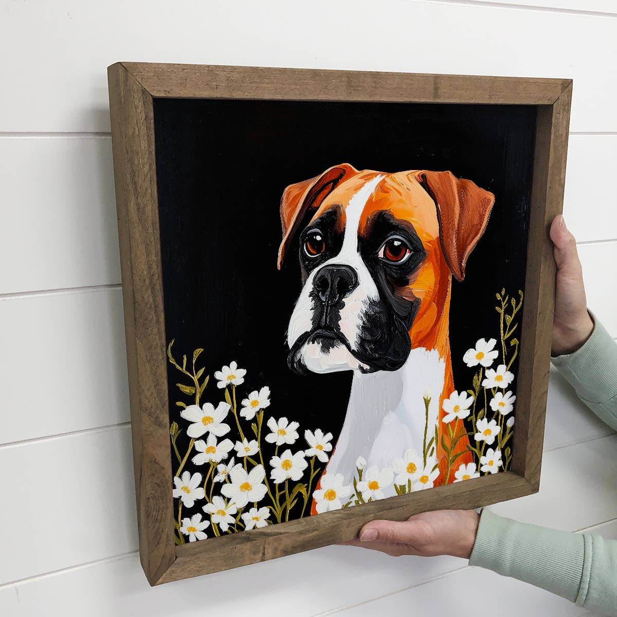 Boxer Pup with White Flowers - Dog and Flower Canvas Art