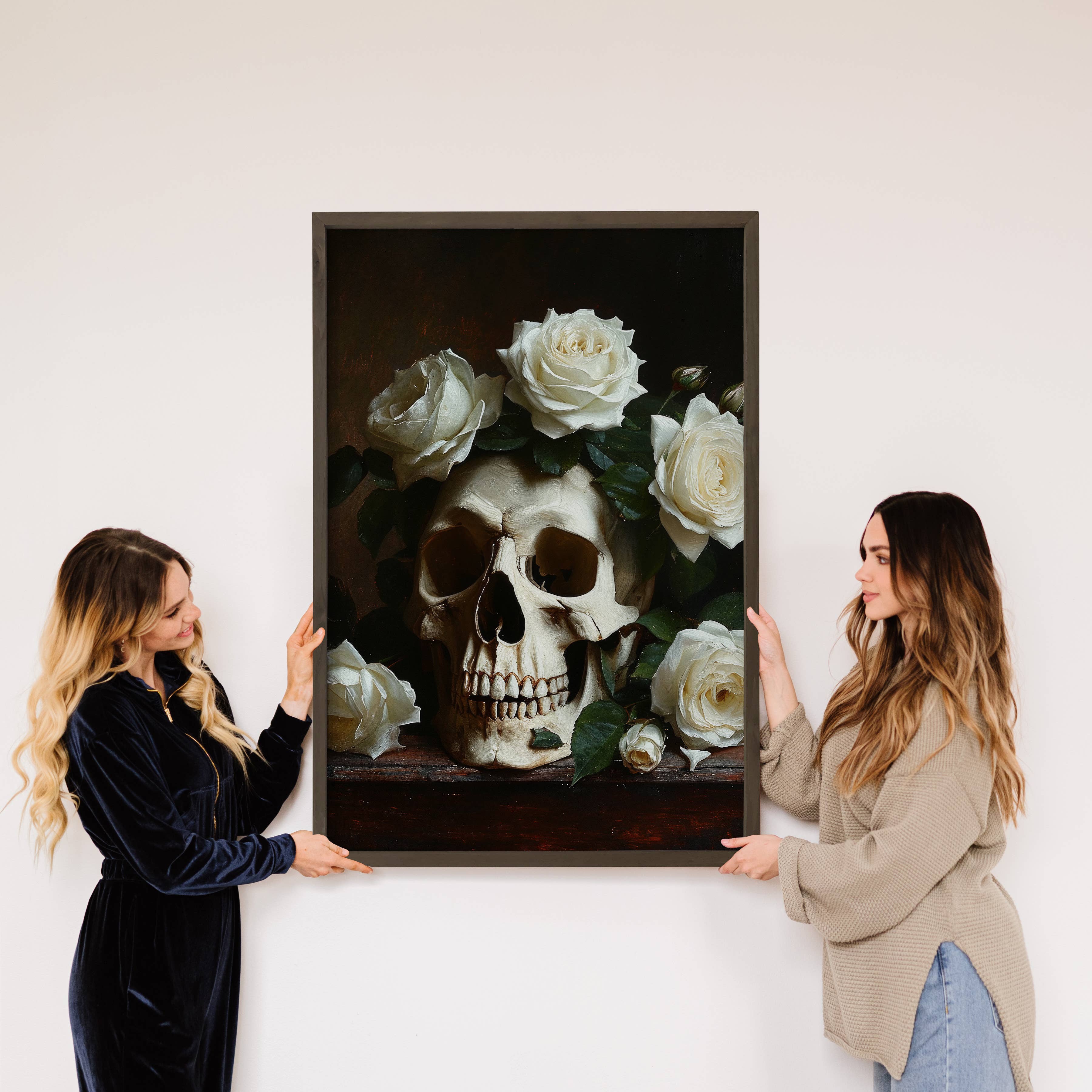 Skull with White Roses - Skull and Flower Canvas Art - Frame