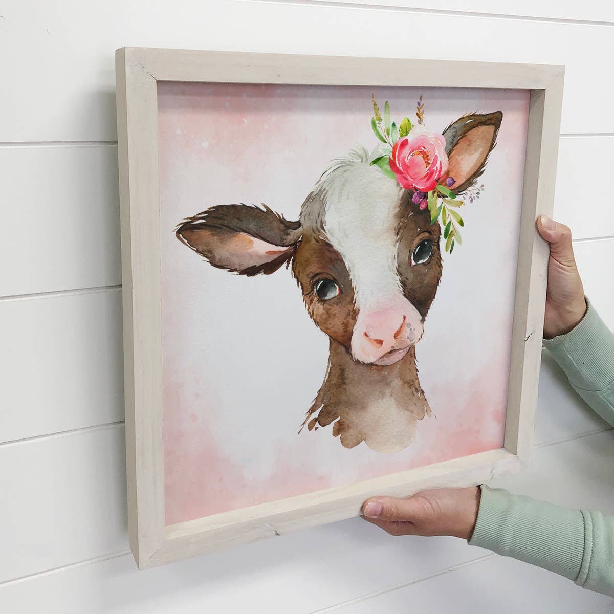 Little Girl Cow Watercolor Small Whitewash Framed Decor