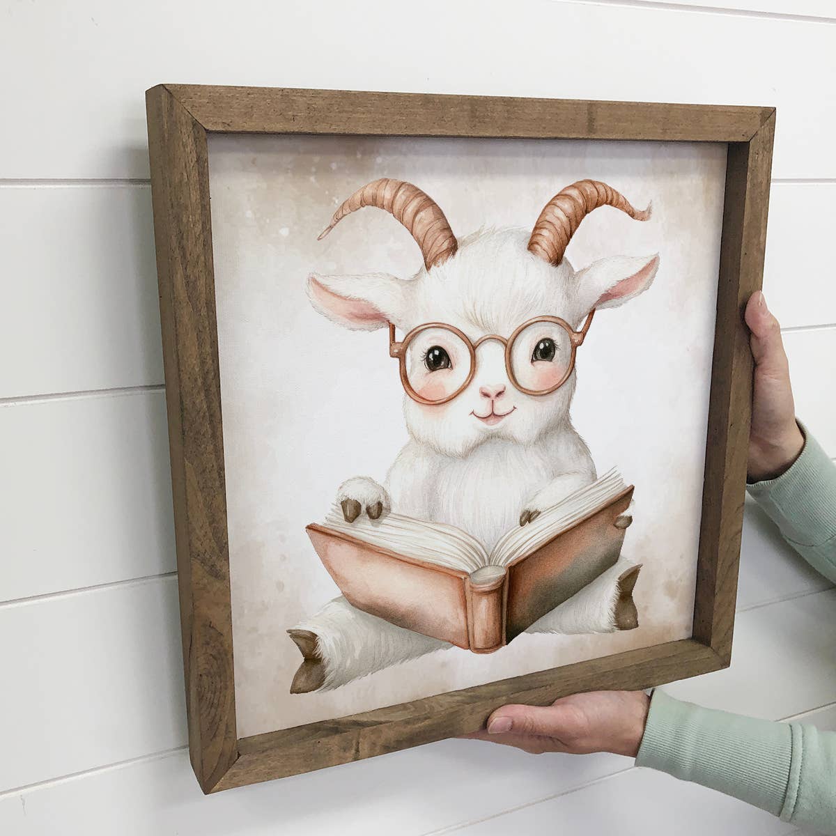 Goat Reading Book - Cute Goat Canvas Art - Wood Framed Art