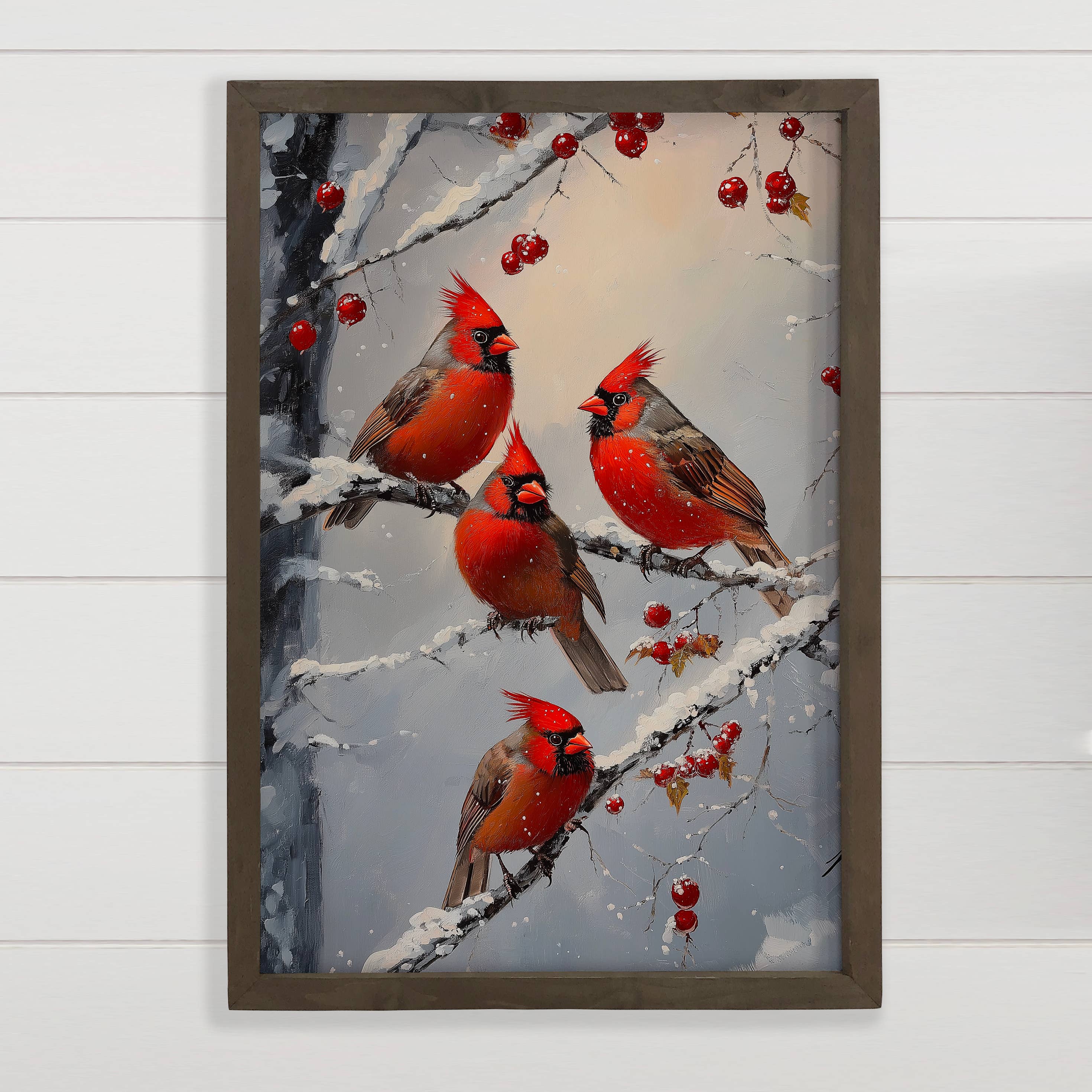 Four Cardinals - Red Bird Canvas Wall Art - Wood Framed Art
