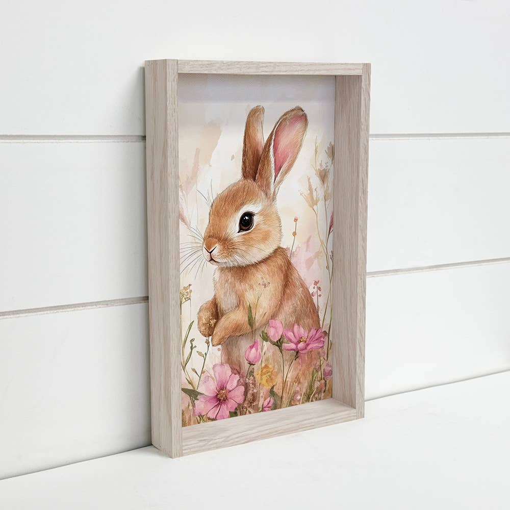 Sweet Brown Bunny Pink Flowers - Bunny Canvas Art - Framed