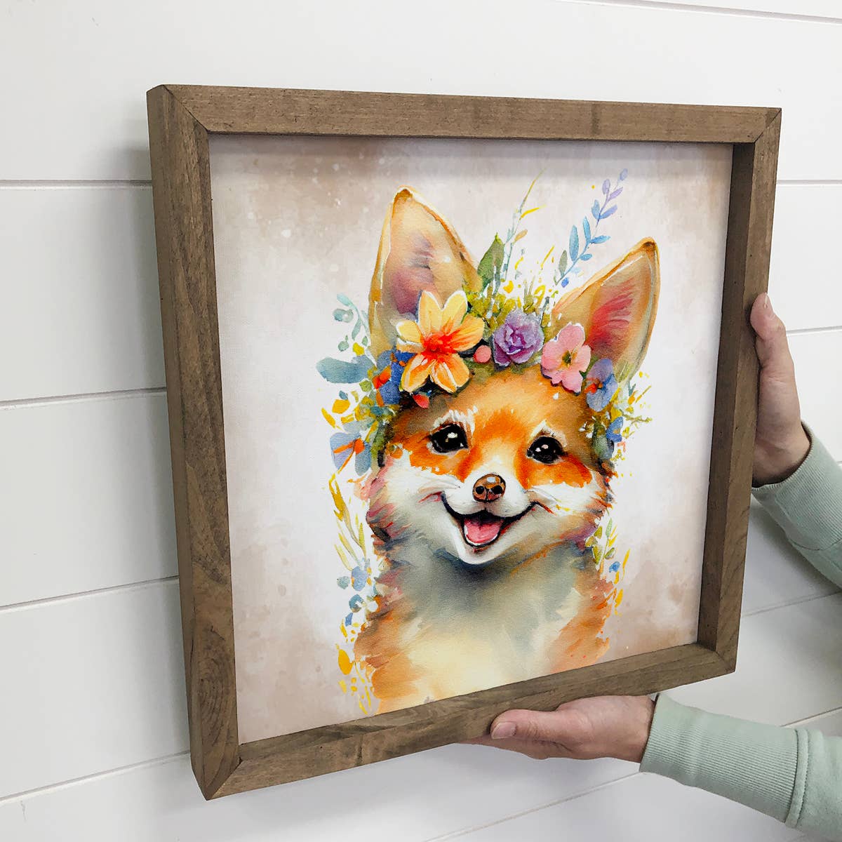 Cute Flower Fox - Nursery Art with Wood Frame