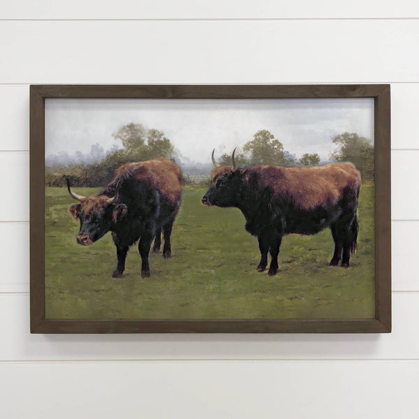 Dark Grazing Bulls - Bull Canvas Art - Wood Framed Wall Art