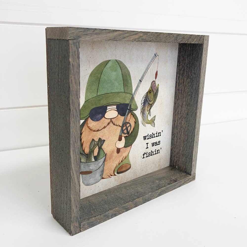 Fishing Gnome Small Canvas Sign Greywash Frame Husband Gift