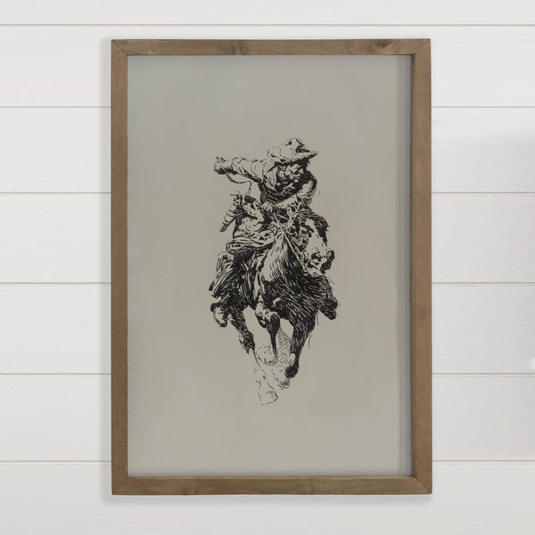 Galloping Cowboy - Ranch House Canvas Art - Wood Framed Art