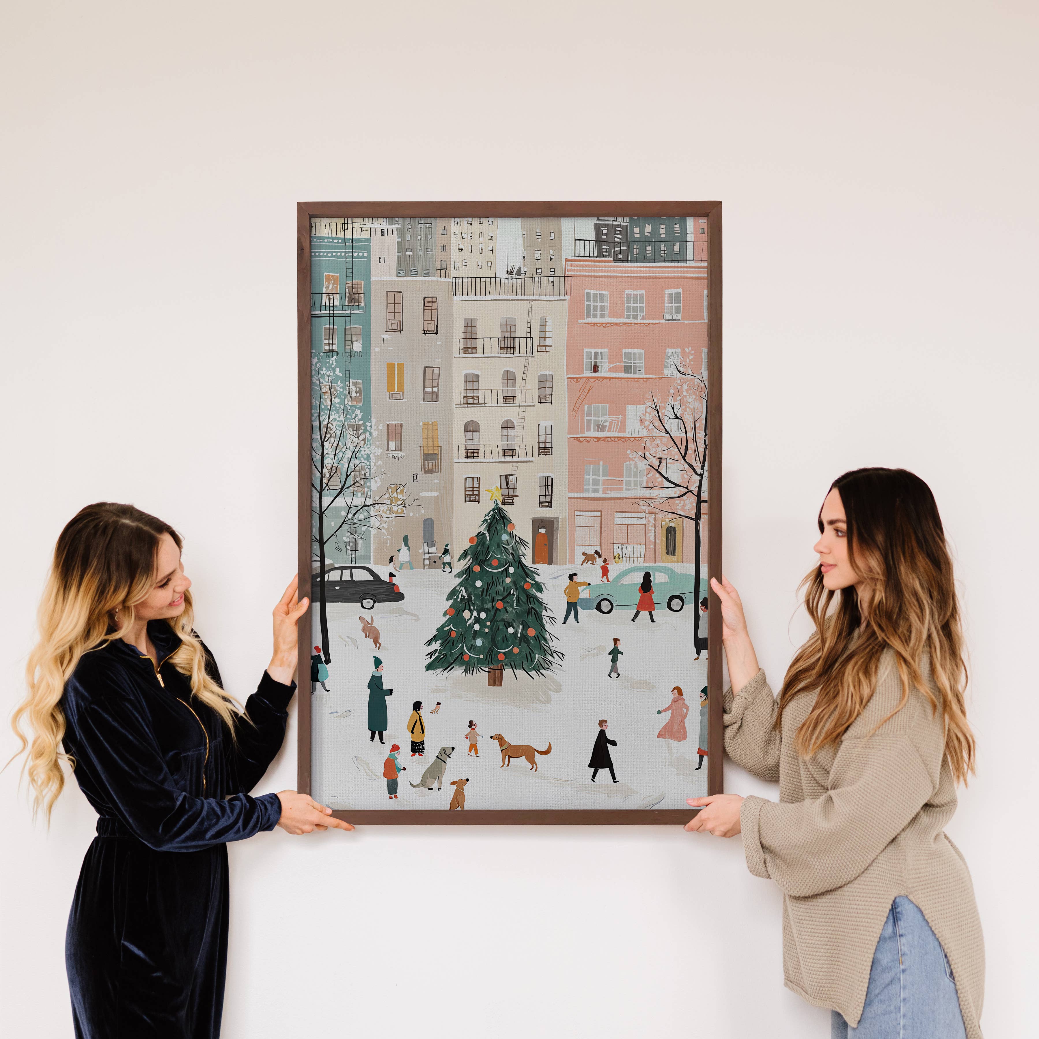 Christmas City People - City Holiday Wall Art - Wood Framed