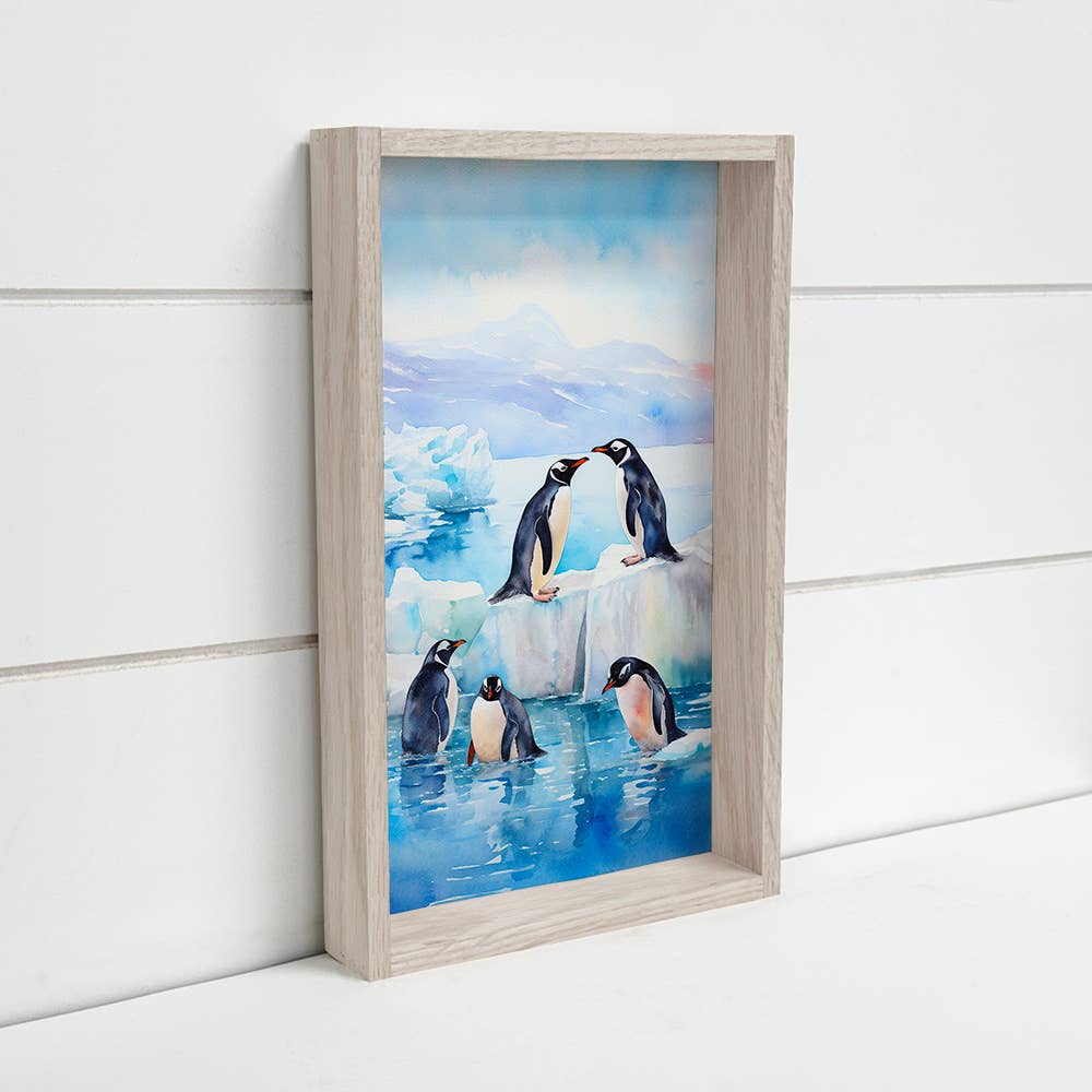 Penguins at Play - Winter Animal Canvas Art - Wood Framed