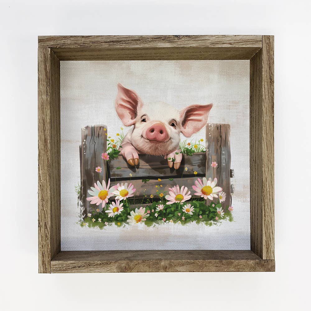 Pig Over Fence With Flowers - Pig Canvas Art - Wood Framed