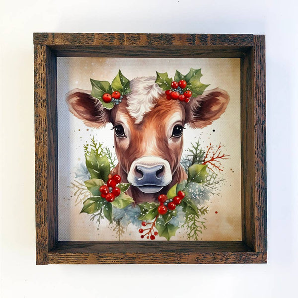 Cow Holly Berries - Cute Holiday Animal Canvas Art