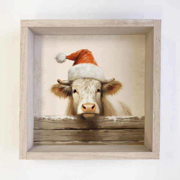 Santa Cow Over the Fence - Cute Holiday Animal - Wood Frame