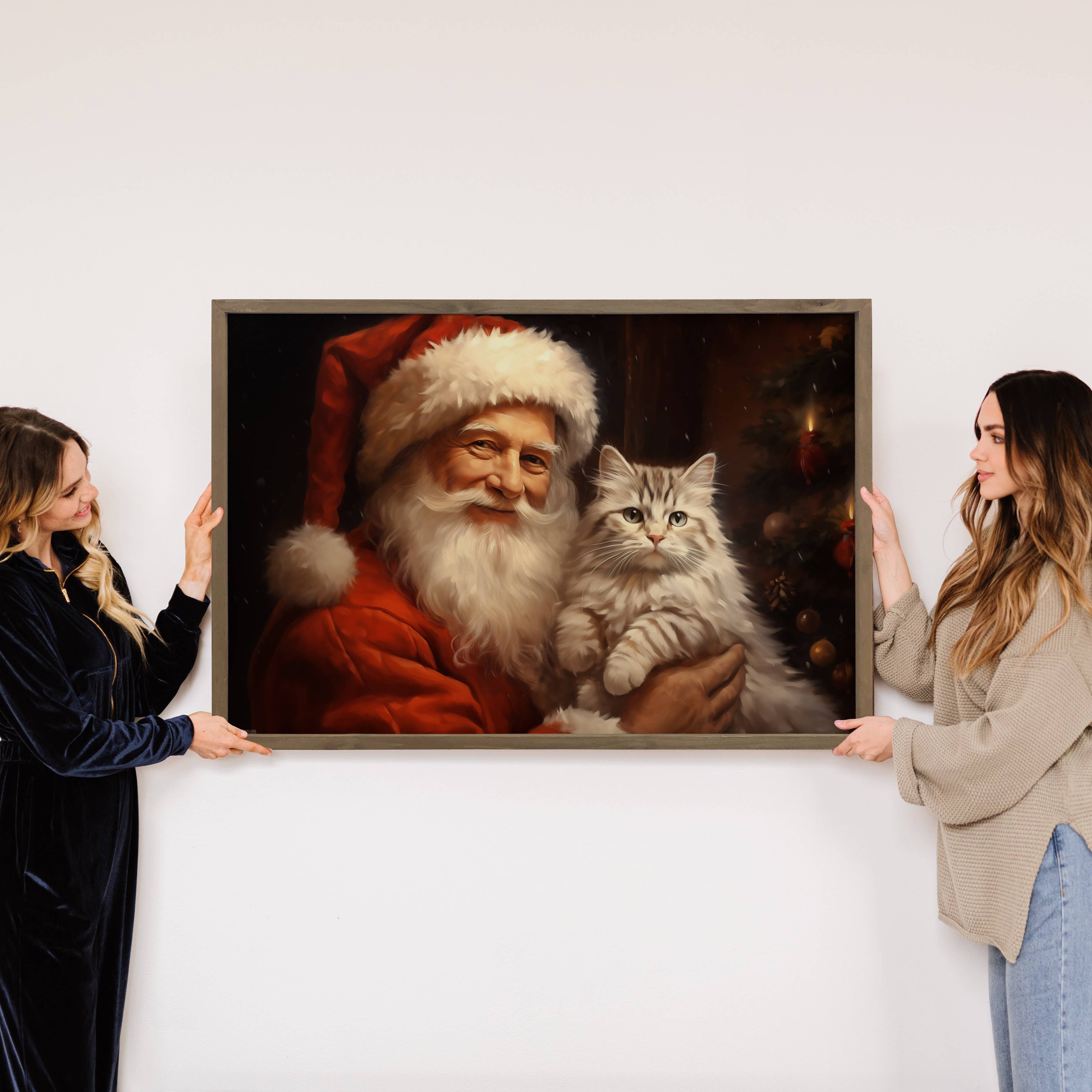 Santa and Fluffy White Cat - Christmas Canvas Art - Framed