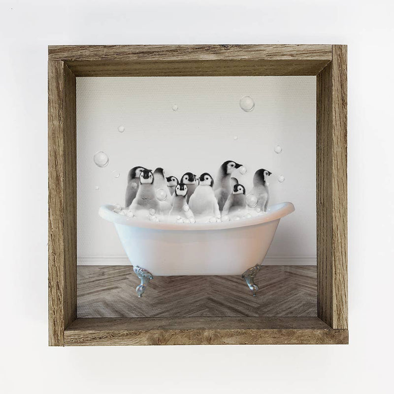 Penguins in a Bathtub Farmhouse Sign - Wood Frame & Canvas